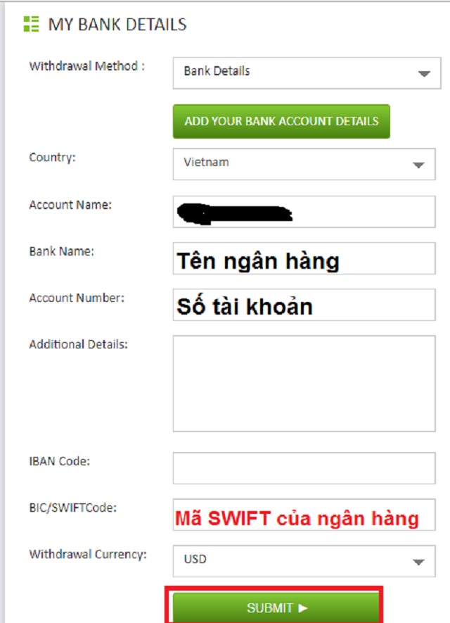 Điền đầy đủ thông tin có trong Form rút tiền của Forex một cách chính xác nhất