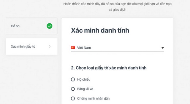 Ảnh 7: Lựa chọn loại giấy tờ xác minh danh tính và tải lên