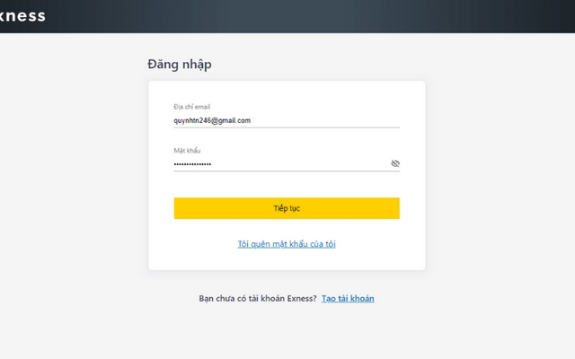 Trực tiếp đăng nhập vào trong tài khoản của Exness và nhập vào địa chỉ email, mật khẩu