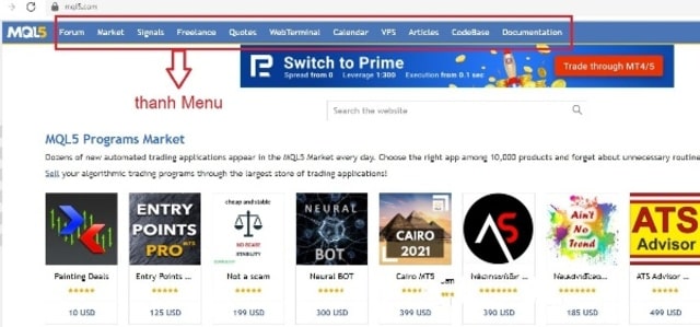 Bạn có thể tìm thấy tất cả dịch vụ, công cụ của mql5.com ngay trên thanh Menu