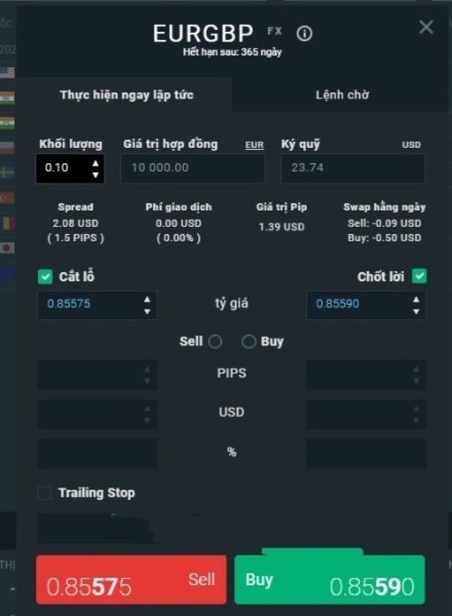 Mở hộp thoại đặt lệnh, nhập số liệu nền tảng yêu cầu và xác định mở lệnh bằng cách chọn “Buy” hoặc “Sell”